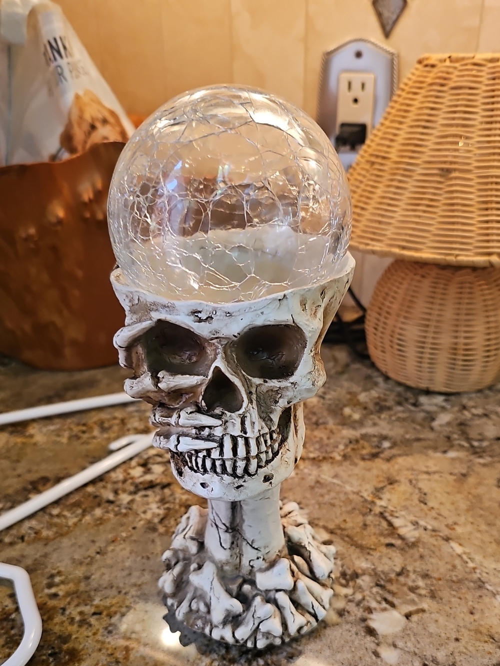 White Skull Decorative Sculpture with Cracked Glass Orb 10"H Changes Colors!new